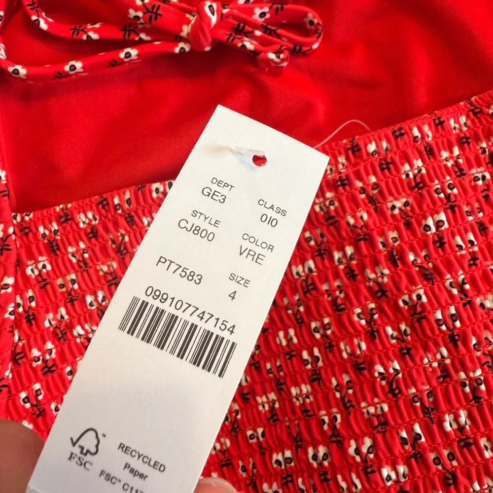 J. Crew Bright Red Textured V-Neck One-Piece Swimsuit